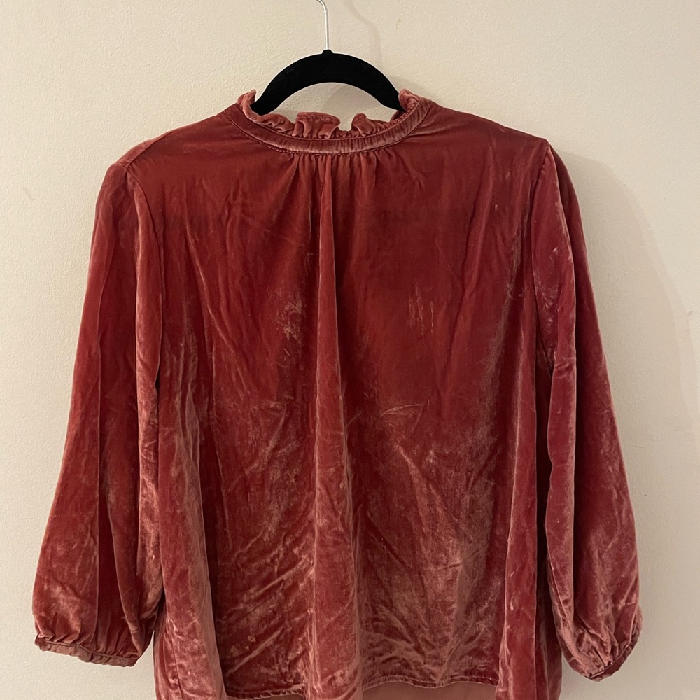 Trovata Velvet Tie-Neck Blouse | Dusty Rose Long Sleeve Top | Size M